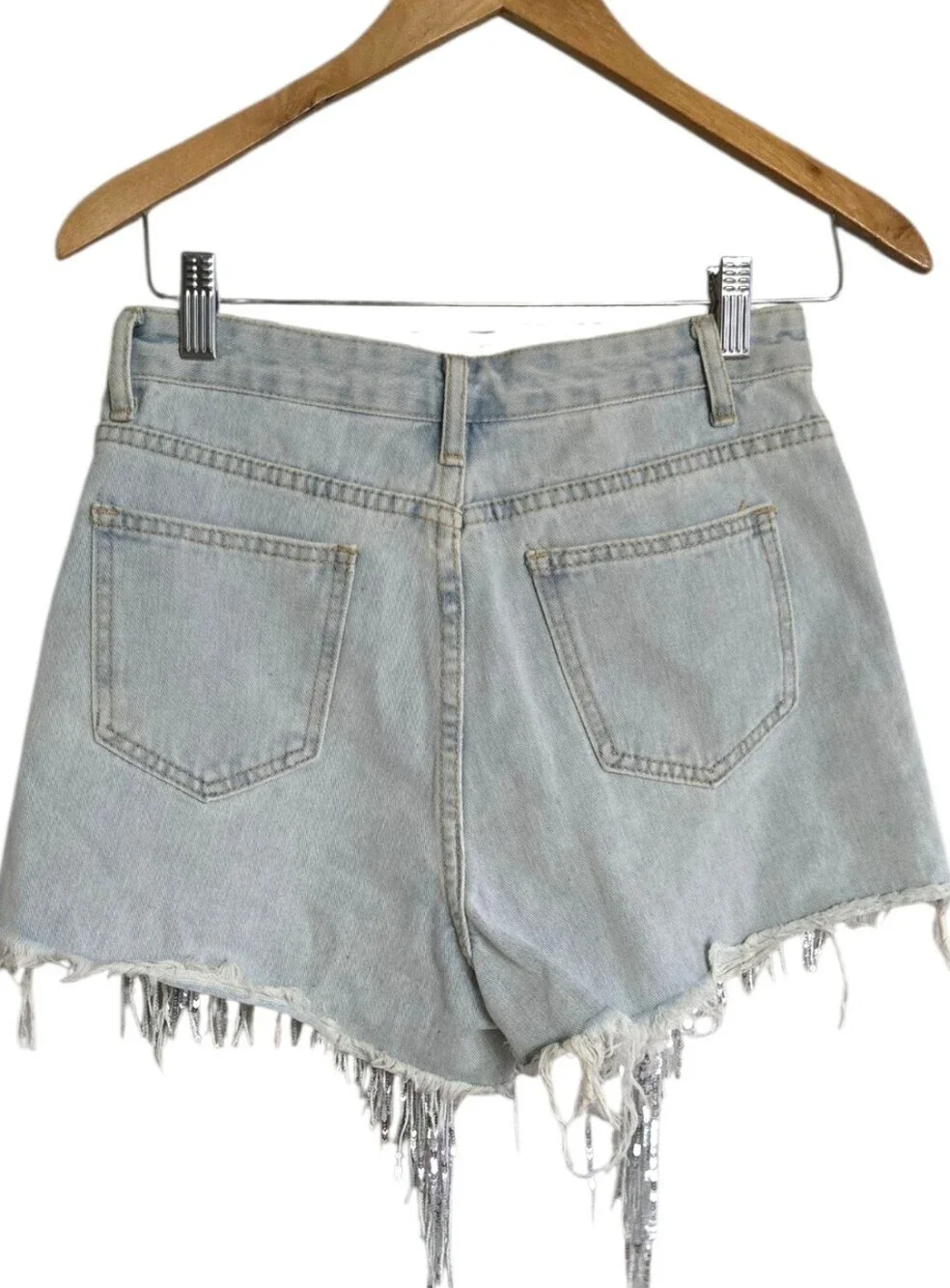 Denim Rhinestone Sequin Fringe Pearl Shorts Blue Size Large Festival
